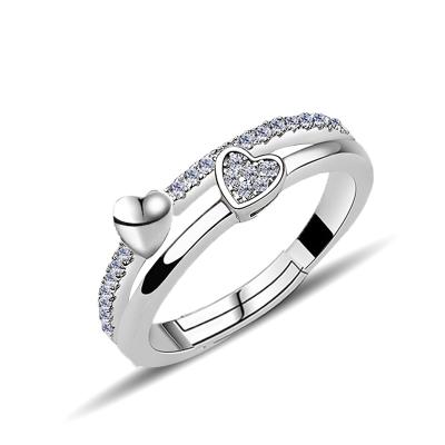 China 925 Silver Heart Shaped Rings 925 Sterling Silver Jewelry Rings Double Layered Lover Rings 925 Silver Rhinestone Heart Shaped Rings For Women for sale