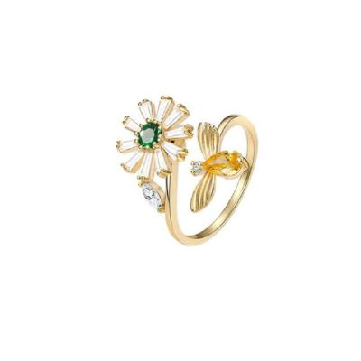 China 18k Gold Zircon Ring Jewelry Tiktok Trendy Adjustable Ring Jewelry Flower Rotating 18k Gold Bee Ring for sale