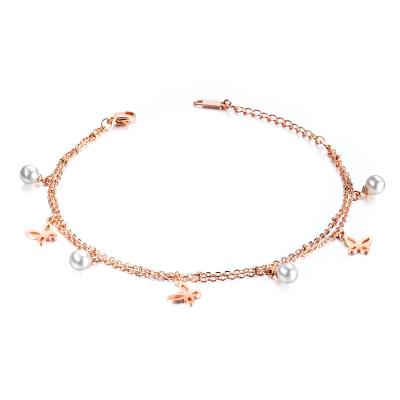 China Wholesale Layer Anklets Fashion Rose Gold Plated Stainless Steel Pearl Anklet Butterfly Anklet For Women for sale