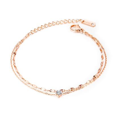 China Lovely Girl Beautiful Anklets Cubic Zirconia Anklets Rose Gold Plated Stainless Steel Double Layer Anklet Chain For Women for sale