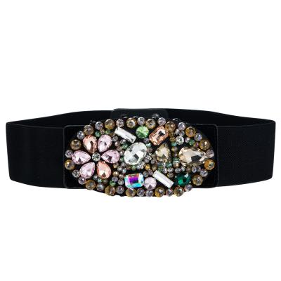 China Waistbelt Feature : Luxury Crystal Buckle Elastic Wide Waistband For Women Shape Bling Waistband Rhinestone Waistband for sale