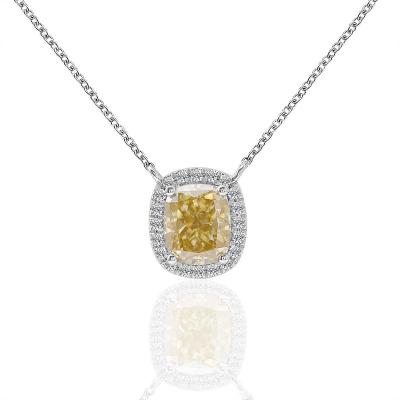 China Fine Jewelry CLASSIC Bright Yellow Cushion Cut Moissanite 3carat Halo Pendant With Long Chain Necklace For Women for sale