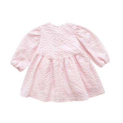 China Pink Round Neck Breathable Long Sleeve Children Kids Dress Pearl Lace Neck Dress Cotton Kids Clothes for sale