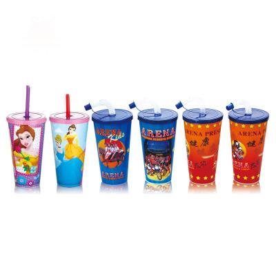 China Low Price 550ml Reusable Flower Labeled 3d Stackable Sustainable Snack Cartoon Kids Reusable Drinking Plastic Cup With Lids And Straw for sale