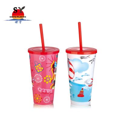 China SY669 900ml IML Styrofoam Water Viable Hot Sale Cartoon Colored Wholesale Drinkware Cups With Straw for sale