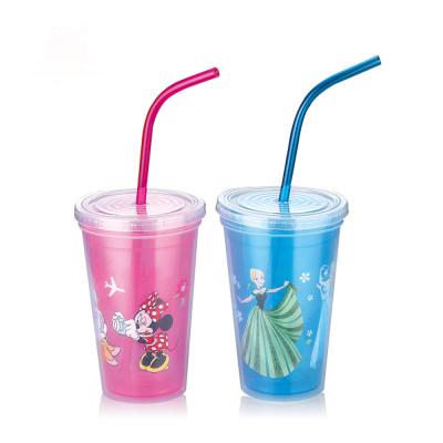 China Viable Smart Design SY708AB Cool 600ml Printed Cheap Kids Cartoon Color Double Wall Drink Cups With Lids And Straw for sale