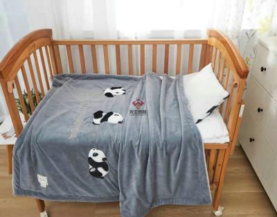 China Original Design Fashion Cartoon Anti-Static Embroidery Children's Sofa Plush Blanket Gray - Three Pandas for sale