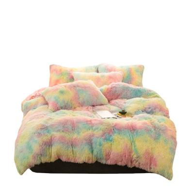 China Nondisposable 100% Polyester Plush Mink Cashmere Pompoms Fleece Quilted Duvet Cover Set Colorful Rainbow 4PCS for sale