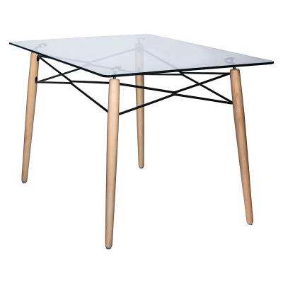 China Modern tempered glass rectangle dining table with solid wood legs for sale