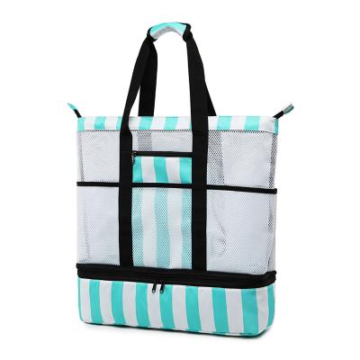 China Custom Zipper Closure Logo Sports Summer Mesh Tote Women Girls Ladies Beach Bags for sale