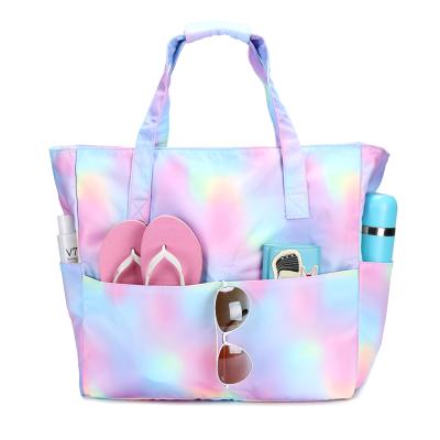 China Custom fashion logo pink rainbow waterproof summer hand tote women beach bag for sale