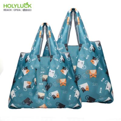 China Custom retail plastic bag Cute cat design Recycled & Reusable polyester shopping bag large size in folding way for sale