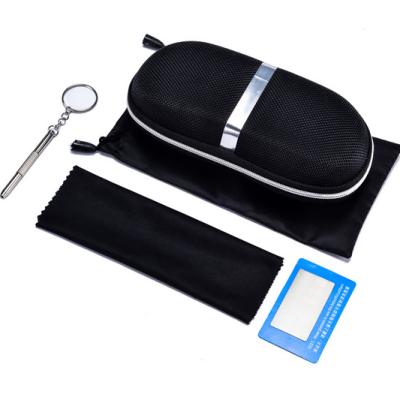 China Optical Glasses Packing Custom Logo Sunglasses Black Case Box Pockets Cleaning Cloth Eyewear Packaging for sale