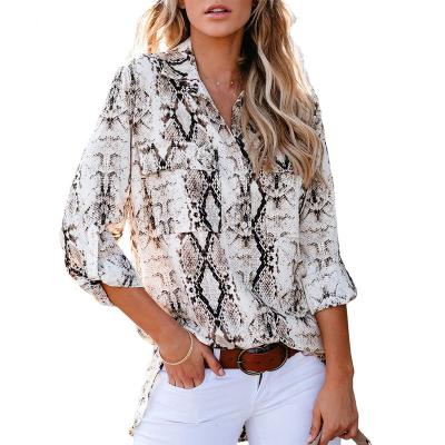 China Custom Leopard Print Shirt Womens Casual Animal Snake Print Blouse Anti-pilling Long Sleeve Top For Girls for sale