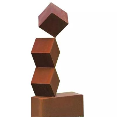 China El cubo grande del jardín forma la escultura al aire libre de Rusty Metal Statues Corten Steel en venta