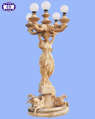 China Solid Chinese Beige Marble Stone Entrance Door Pillar Design With Figure Statue for sale