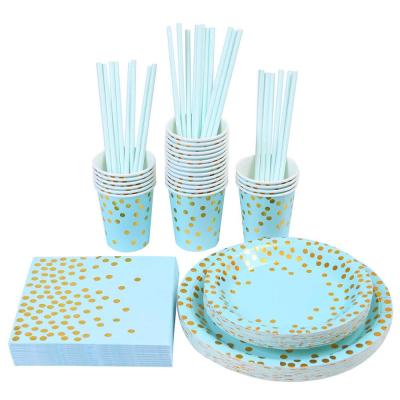 China New hotel home restaurant degradable material blue dot tan paper cup paper plate paper towel disposable tableware set for sale