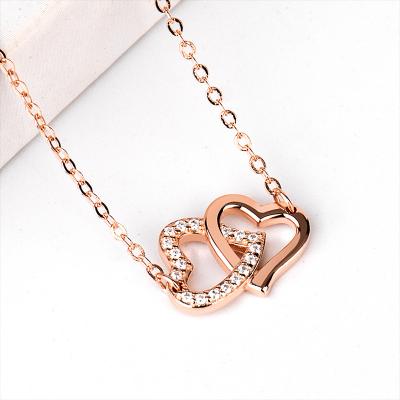 China Trendy Light Luxury Double Heart Zircon Pendant Sterling Silver Rose Gold Chain Fashion special design Necklace 2023 New Style For Gift for sale