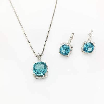 China TRENDY Women Luxury 925 Sterling Silver Exquisite Zircon Blue Diamond Pendant Necklace And Earring Fine Jewelry Set For Women for sale