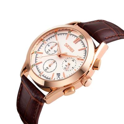 China Hombre Rose Gold Case Waterproof Wristwatch Relojes Para Glass Leather Date Date SKMEI 9127 Business Quartz Men Automatic Watch High Hardness for sale