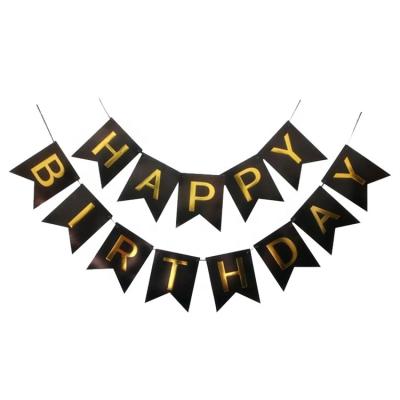 China Gold Letters Gold Letters Black Paper Birthday Banner Happy Birthday Bunting Paper Shimmer Banner for Happy Party Decorations Swallowtail Flag for sale