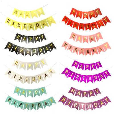 China Wholesale Happy Birthday Paper Stock Banner Bronzing Letter Fishtail Flag For Birthday Decoration Swallowtail Flag for sale