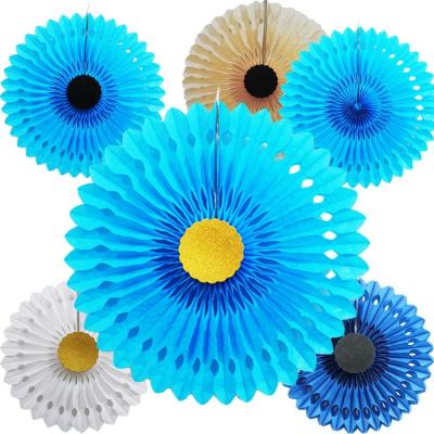 China Tissue Paper Customized 15cm Diameter Blue Hollow Paper Fans Decoration Party Supplies Hanging Paper Fans For Birthday Wedding for sale