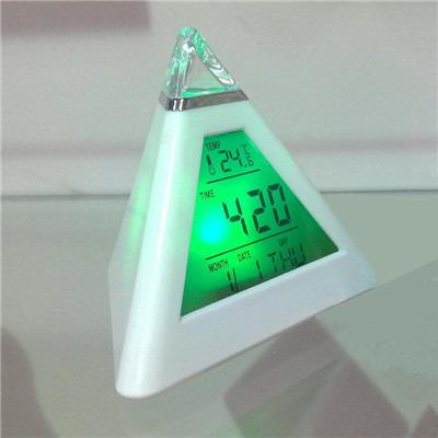 China Triangle Colorful Pyramid Table Light Calendar 7 Colors Digital Alarm Clock with Calendar for sale