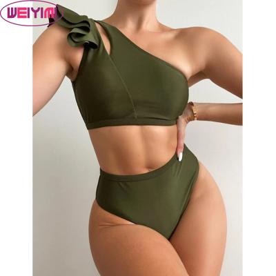 China Custom Made Bikini Swimwear Factory Manufacture Design Ruffle One Shoulder Sexy Beach Wear Swimsuits Wholesale Anti-UV Top Swimwear for sale