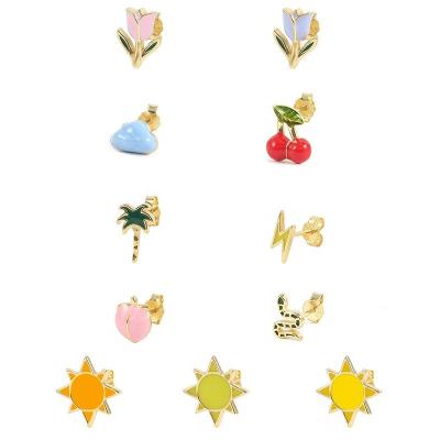 China CLASSIC Fashion Cute Silver Earrings 925 Hypoallergenic Small Circle Earrings Enamel Flower Peach Sart Sun Shaped Stackable Earrings for sale