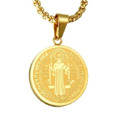 China 2022 Simple CLASSIC Fashion Men Hip Hop Street Religious Catholic St Benedict Godfather Stainless Steel Chain Round Pendant Necklace for sale