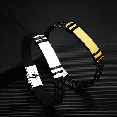 China Pofei 2022 Trendy Men's Vintage Stainless Steel Silicone Leather Hand - Woven Bracelet Gift Punk Jewelry for sale