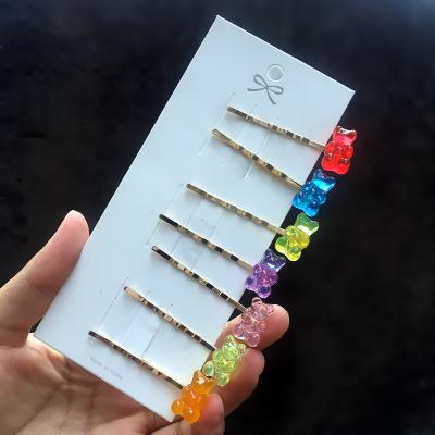 China Wholesale 2021 Sweet Cute Children's Hair Accessories Resin Jelly Bear Hairpin Candy Color Cartoon Word Clip Bb Clip for sale