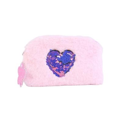 China New Custom Fashion Faux Fur Small Zipper Makeup Purse Fashionable Fluffy Pencil Organizer Heart Sequin Pink Cosmetic Bag For Girl for sale