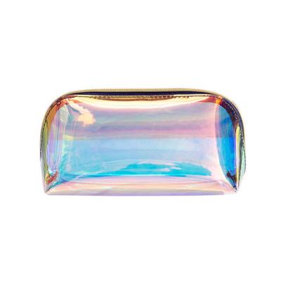 China Low MOQ Stock Recycled Clear Transparent Holographic Makeup Bag Make Up Pouch PVC Cosmetic Bags For Women for sale