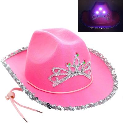 China Polyester Kid Adult Girls LED Light Up Princess Hat Pink Dress Tiara Felt Cowboy Cowgirl Up Costume Accessories for sale