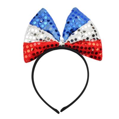 China Patriotic Polyester American Flag Decoration Accessories Light Up Sequin Bow Headband White and Blue Red Headband for Women Girls for sale