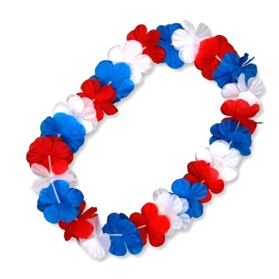 China Polyester USA Patriotic Necklaces Red Blue & White Flower Leis 4th of July Memorial Day Gift Flower for sale