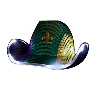 China Wholesale Factory Price Polyester Light Up Brim Fleur De Lis Cowboy Hat Mardi Gras Sequin Flashing Hat With Led for sale