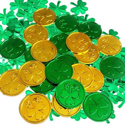 China Lucky Plastic Coin St. Patrick's Day Coins Shamrock Plastic Clover Good Luck Coins Green and Gold Color Table Scatter for St. Patrick's Day for sale