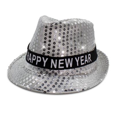 China Flashing Sequin Felted Hat Hat LED Happy New Year Fedora Hat Silver Sequin for sale