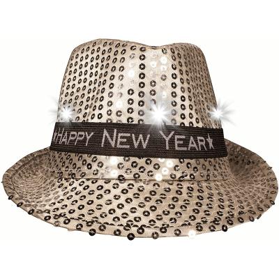 China Happy New Year Shiny Silver Sequin LED Light Up NYE Happy New Years Fedora Hat for sale