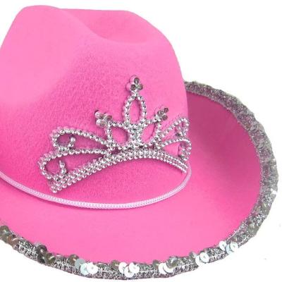 China Polyester Novelty Kid Light Up Pink Cowboy Hat With Blink Tiara for sale