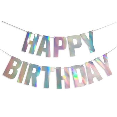 China Holographic Birthday Party Decoration Happy Birthday Sign, Iridescent White Hanging Banner, Bunting String Flag Garland For Party Decorations for sale