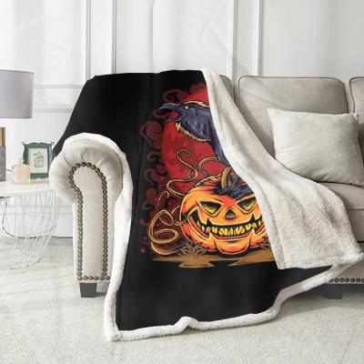 China Halloween Night Grate Pumpkin Lantern Soft Happy Castle Bat Cross Double Layer Throw Blanket for sale