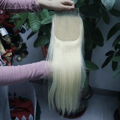 China Silky Straight Wave Twin Girls Wholesale Virgin Brazilian Straight Hair 4*4 Lace Closure 613 Transparent Blonde Color No Tangle No Shedding for sale