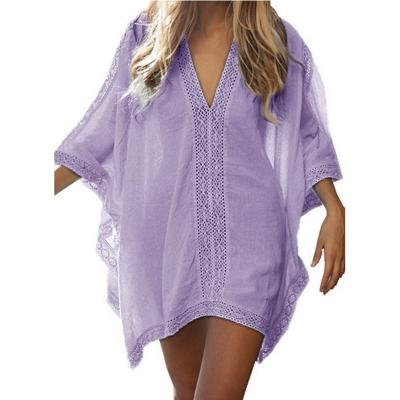 China Breathable Summer Ladies White Cotton Swimsuit Kaftan See Loose Through Beach Cover Up for sale