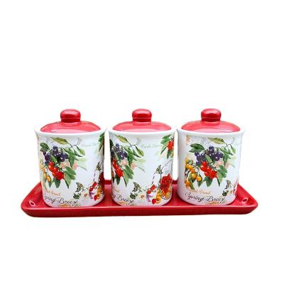 China Sustainable modern Fujian porcelain dehua porcelain kitchen food storage canister ceramic porcelain set with red lids for sale