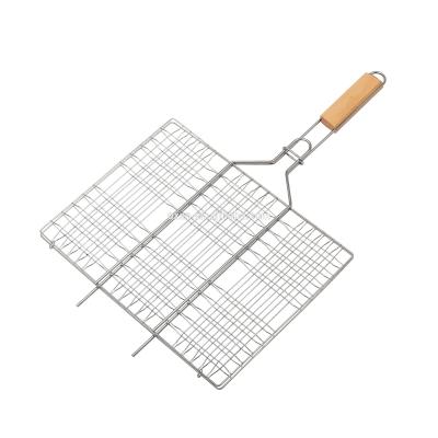 China Easily Cleaned Portable BBQ Grilling Basket 430 Stainless Steel Handle Removable Wood Grill Net for sale