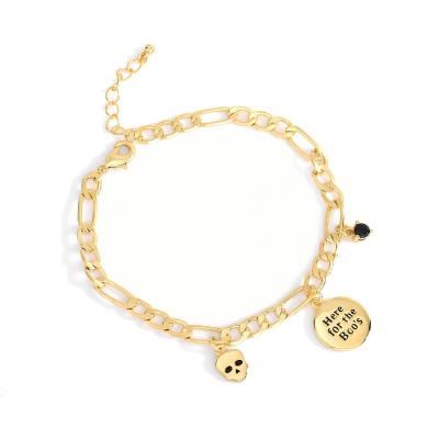 China TRENDY Fashion Personality Round Skull Bracelet Copper Gold Plated Brazil Chain Bracelets For Halloween Party for sale